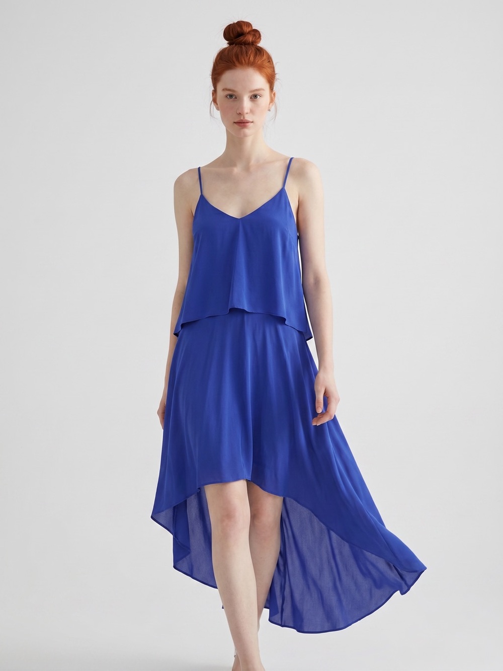 Charlie Jade Cobalt Blue 100% Silk Spaghetti-Strap High-Low Dress. Party. Event.